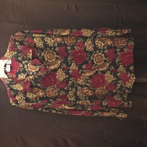 Liz Baker BlouseWomens 20W Red and Gold Floral Chiffon Button Down Vintage 90s